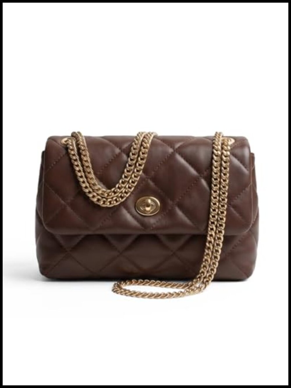 Quilted Vegan Leather Crossbody Bag Chain Strap Turn Lock